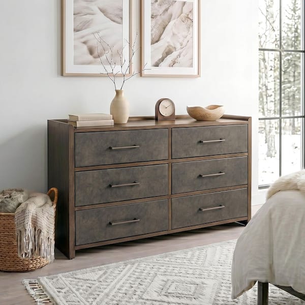 leather dresser Furniture of America Thalv Mid-Century Modern Two-Tone Dark Walnut Wood 6-Drawer Dresser with Faux Leather Front
