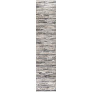 Serenity Home Ivory Grey Blue 2 ft. x 8 ft. Abstract Contemporary Runner Area Rug