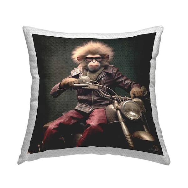 Biker Monkey Portrait Brown Square Outdoor Throw Pillow