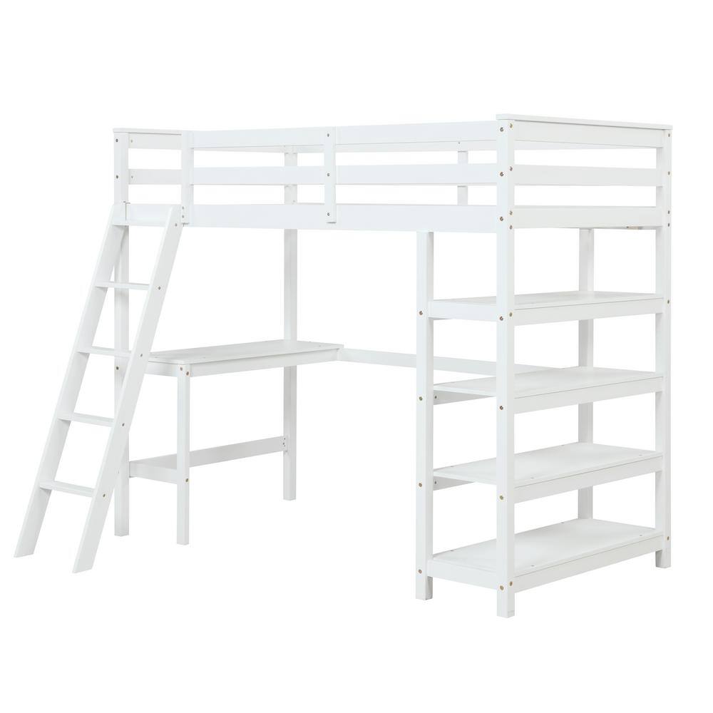 Huluwat White Twin Size Pine Wood Frame Loft Bed with Desk, Shelves and ...