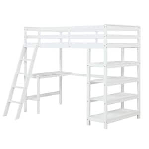 White Twin Size Pine Wood Frame Loft Bed with Desk, Shelves and Ladder