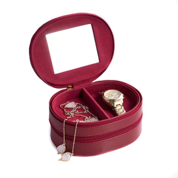 BEY-BERK Red "Lizard" Leather 2-Level Jewelry Case with Mirror Zipper Closures and Soft Velour Lined