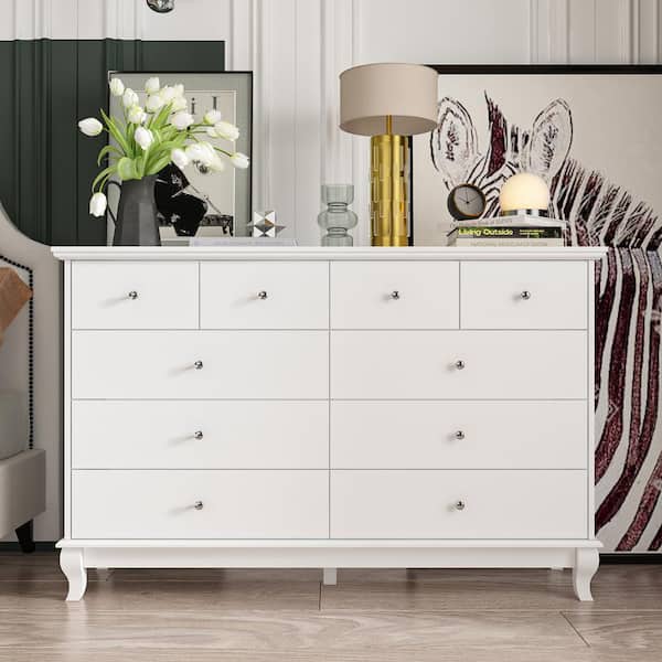 FUFU&GAGA 10-Drawers White Wood Chest of Drawer Accent Storage Cabinet Organizer 55.1 in. W x 15.7 in. D x 35.4 in. H