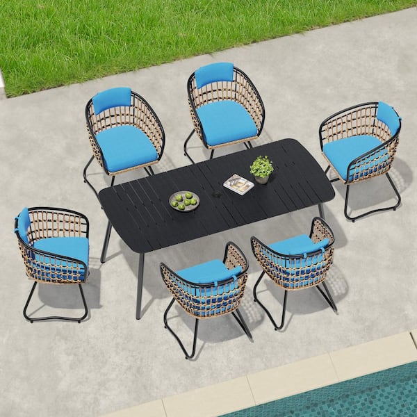 Crestlive Products 7-Piece Metal 70.9 in. Outdoor Dining Set with Rattan Chairs and Blue Cushions