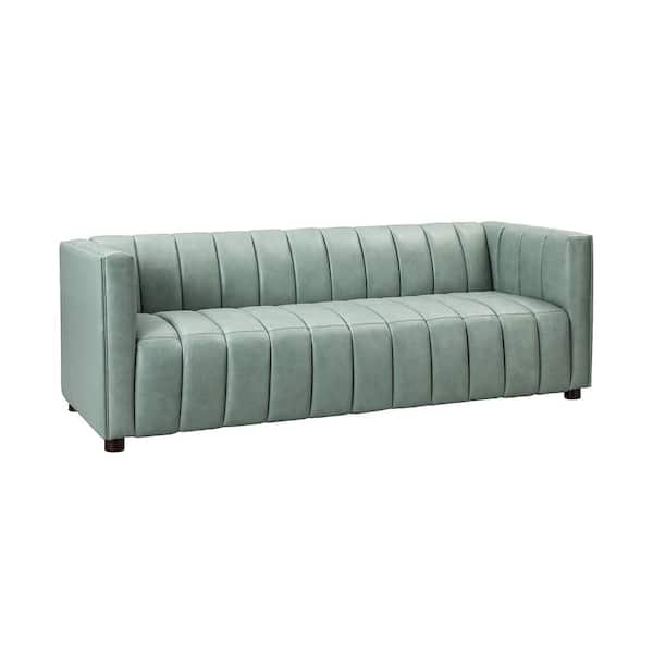 JAYDEN CREATION Pachynus 83 in.Wide Square Arm Genuine Leather Rectangle Contemporary Channel-tufted Sofa in Sage