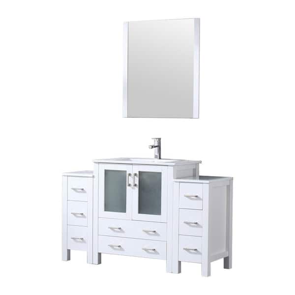 Volez 54 in W x 18.25 in D White Single Bath Vanity with Side Cabinets, White Ceramic Top, Faucet Set, and 28 in Mirror