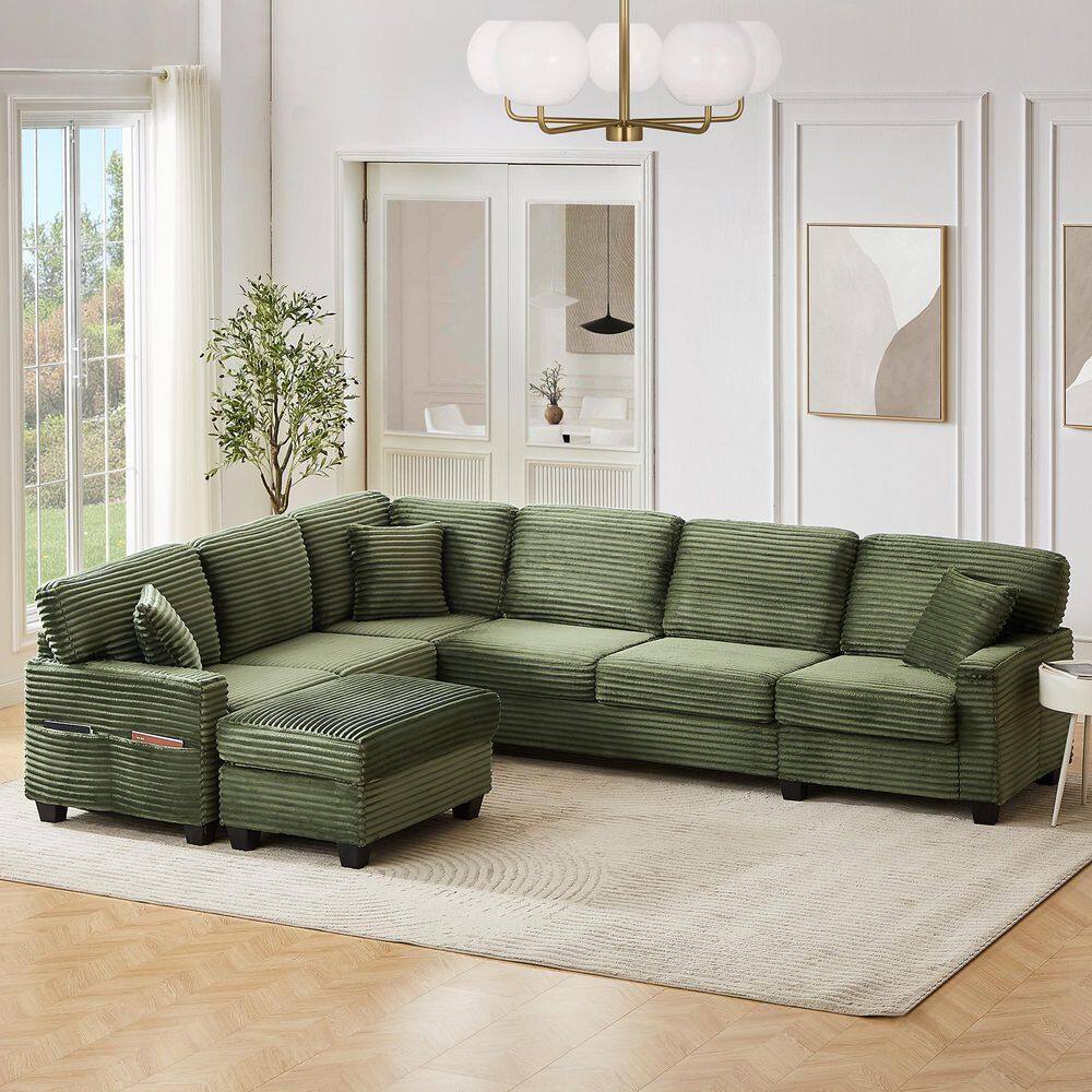 125.2 in. Square Arm Corduroy U-Shaped Sofa with Movable Ottoman and Side Storage Pockets in Green