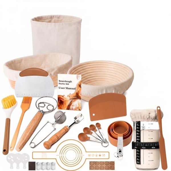Natural Rattan Sourdough Starter Kit with Round and Oval Banneton Bread Proofing Baskets and Accessories