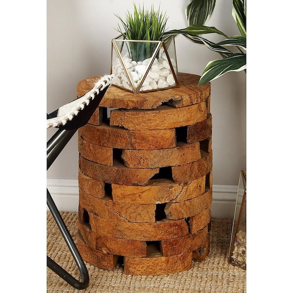 Litton Lane 14 in. Brown Handmade Live Edge Medium Cylinder Wood End Accent Table with Brick Inspired Design