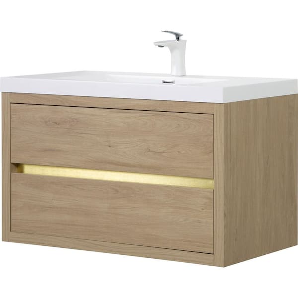 36 in. Single Sink Floating Oak Bath Vanity with White Resin Top (Assembled), Stone Resin Countertop, Water-Resistant