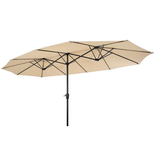 URTR 15 ft. Steel Market Outdoor Patio Umbrella with 12 Ribs and Crank, Twin Double-Sided Rectangular Umbrella in Tan