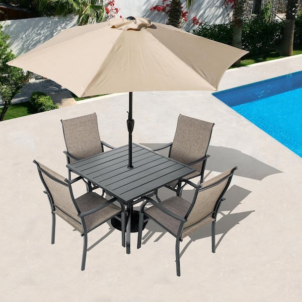 Sour Citrus 7-Piece Patio Dining Set Textilene Fabric Iron Outdoor Chairs and Table With Umbrella Hole and Base Set