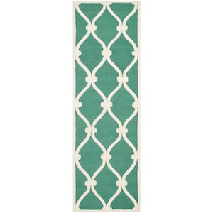 Cambridge Teal/Ivory 3 ft. x 8 ft. Border Knotted Geometric Runner Rug