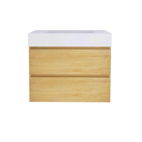 JimsMaison 30 in. W x 18 in. D x 25 in. H Single Sink Wall-Mounted Bath Vanity in Oak with White Resin Top