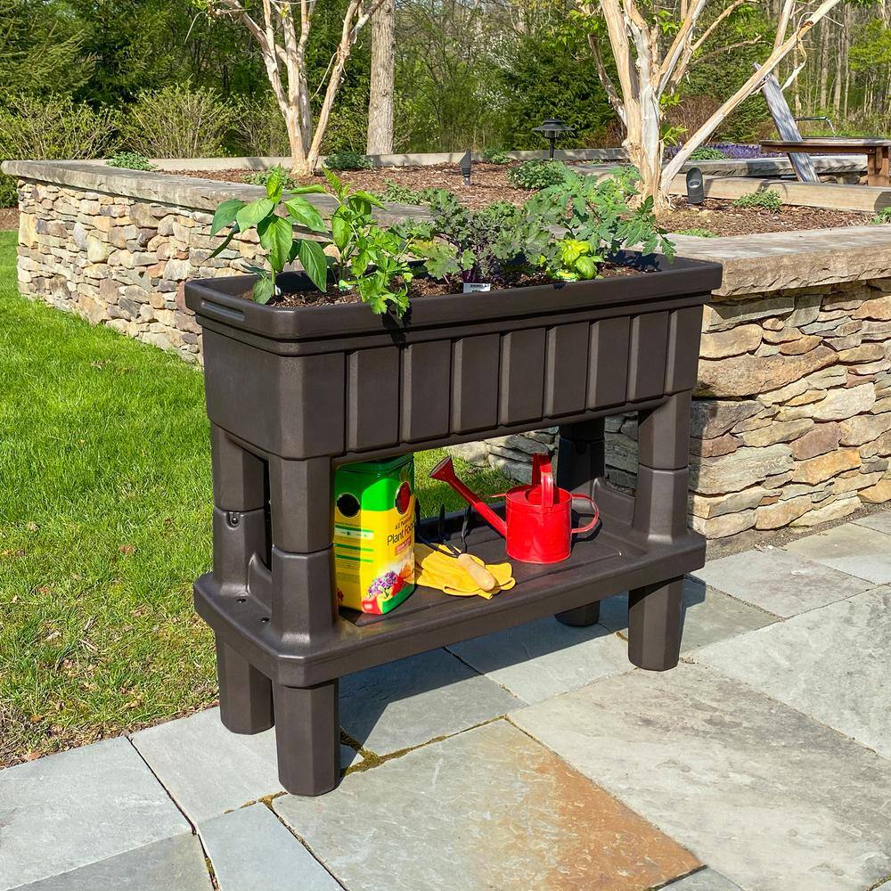 Espresso Raised Plastic Outdoor Patio Garden Planter with Storage
