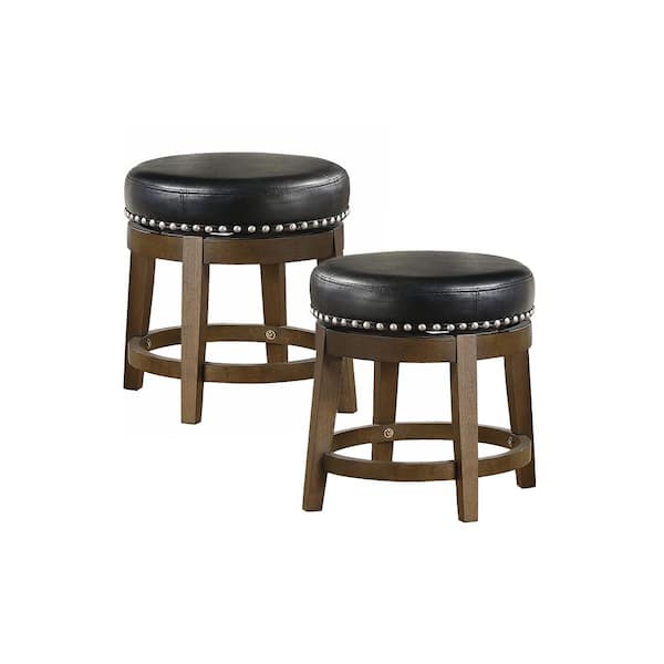 Paran 19 in. Brown Wood Round Swivel Stool with Black Faux Leather Seat (Set of 2)