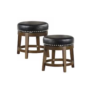 Paran 19 in. Brown Wood Round Swivel Stool with Black Faux Leather Seat (Set of 2)