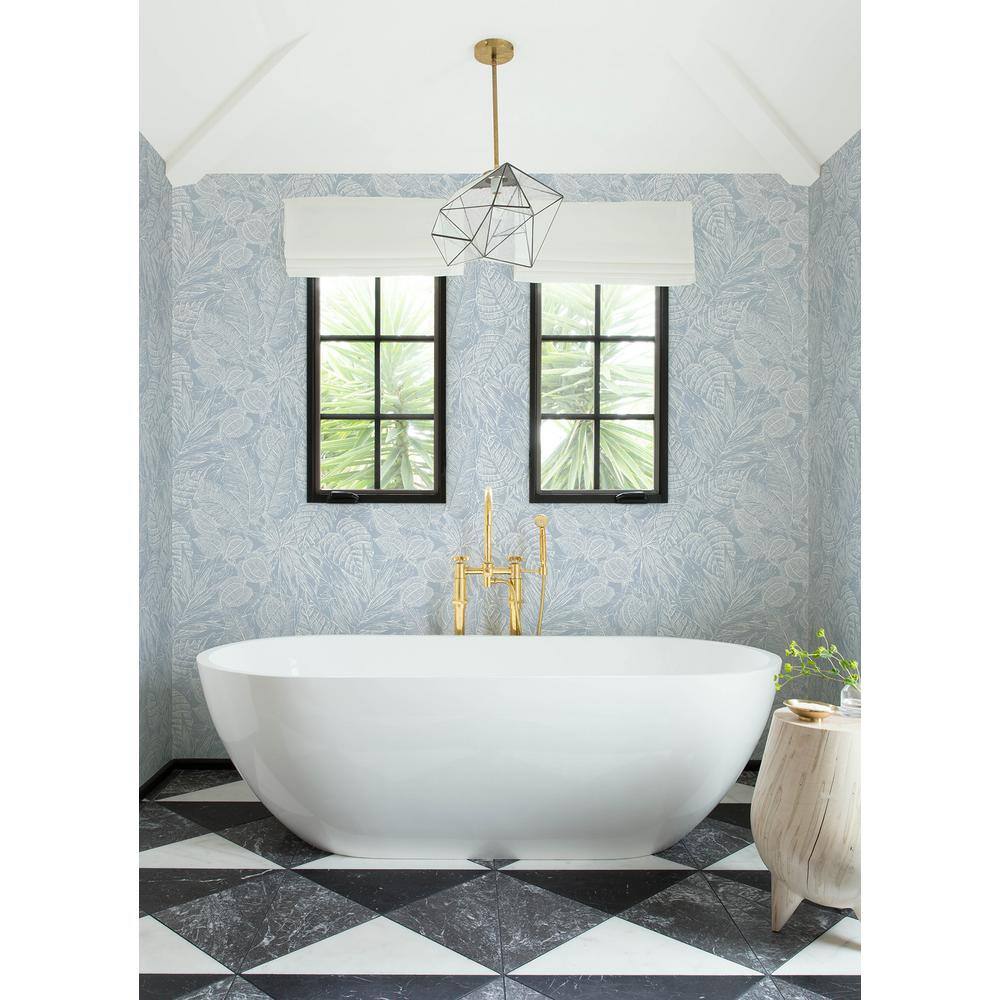 Brentwood Sky Blue Palm Leaves Grasscloth Wallpaper