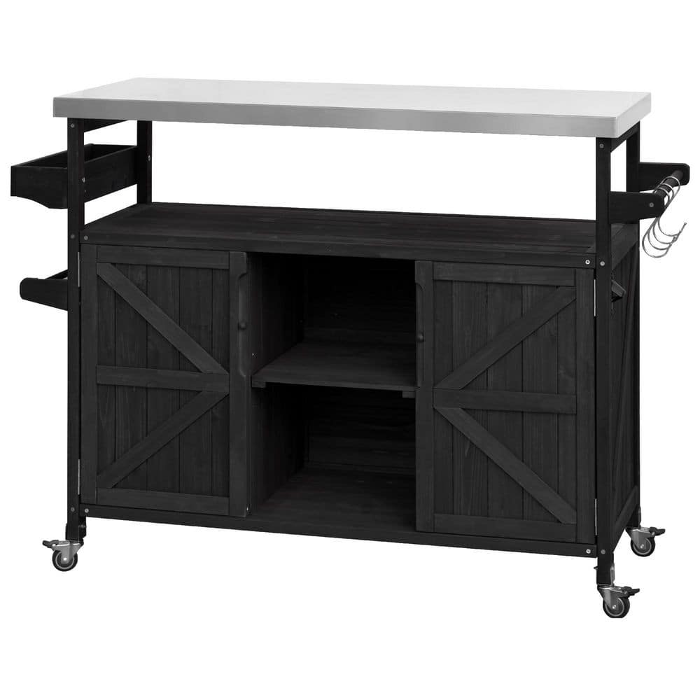 Black Fir Wood Outdoor Bar Cart with Wheels, Patio Kitchen Island Storage C
