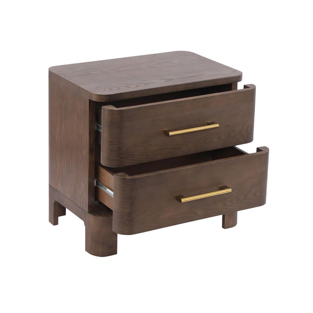 Faye Modern Brown 2-Drawer 23.62 in. W Nightstand with Brushed Gold Handles, Rounded Corners - thumbnail 6