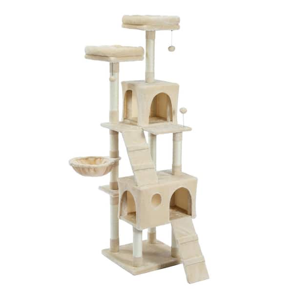 Kahomvis 69.3 in. H Wooden Cat Tree Cat Tower with 2-Condos and 2-Perches, Beige