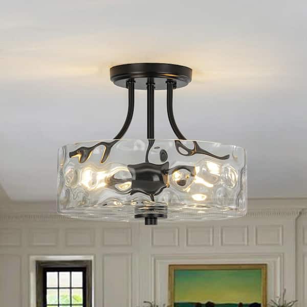 Lumin 2-Light 11.8 in.W Matte Black Semi Flush Mount Modern Drum with Hammered Water Glass for Kitchen/Hallway
