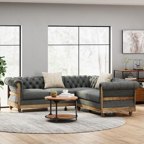 Noble House Petes 87.75 in. 3-Piece Polyester Gray and Dark Brown Sectional  107353