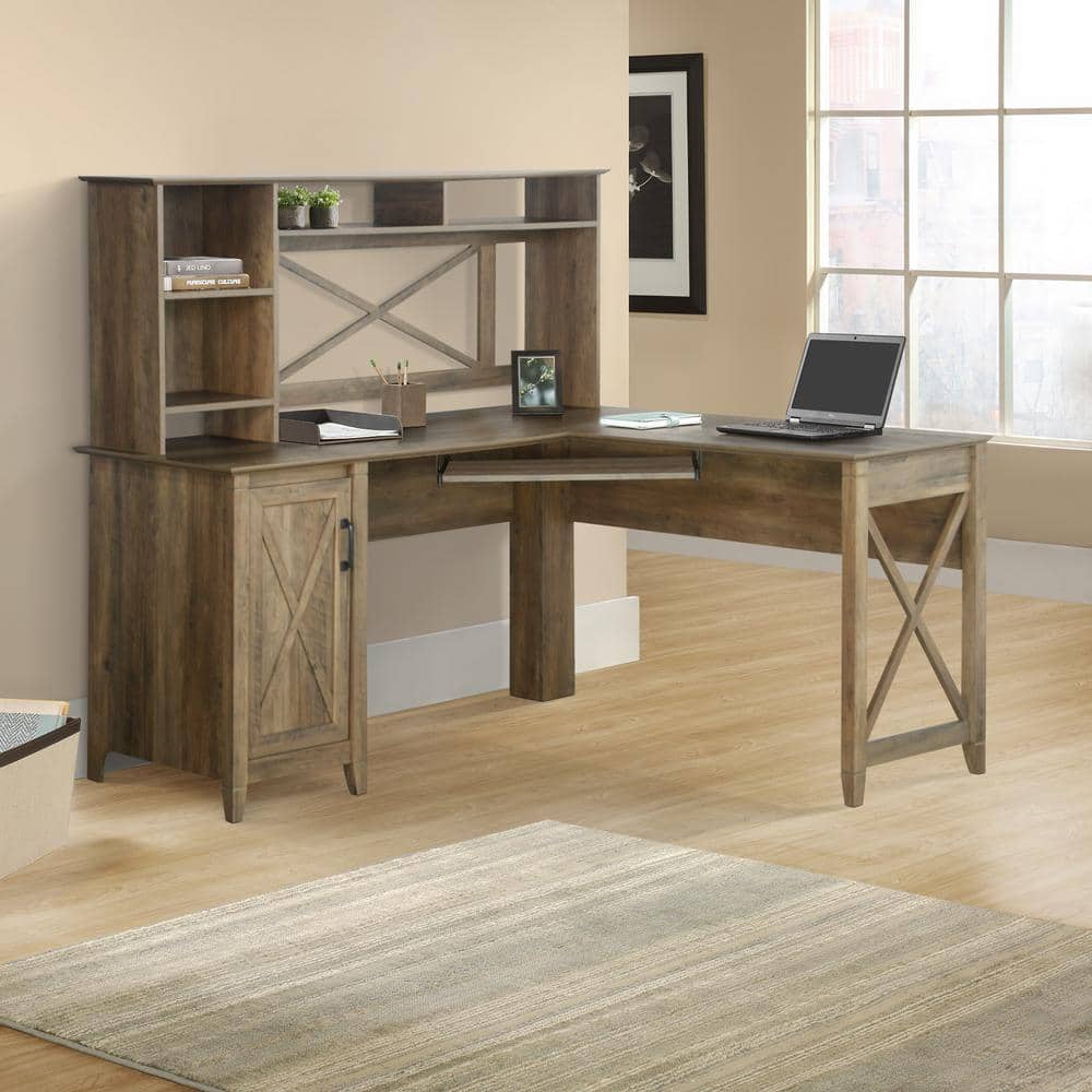 Rustic Oak L-Shaped Corner Desk with Drawer and Keyboard Tray