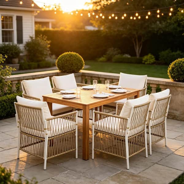 Natural 7-Piece Patio Wooden Dining Table Set with 67 in Rectangular Acacia Wood Table and 6 Rattan Arm Chairs