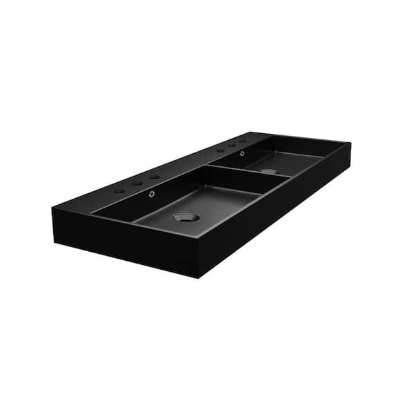 WS Bath Collections Unlimited Wall Mounted/Vessel Sink 120 Matte Black Ceramic Rectangular with 3 Faucet Holes