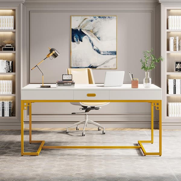 Tribesigns Way to Origin Halseey 63 in. Rectangular Modern White Gold Wood Executive Desk, Large Computer Desk with Drawer, Conference Room Table