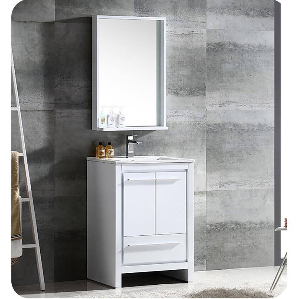 Modern Rectangular Frameless White Wood Vanity Mirror with Shelf
