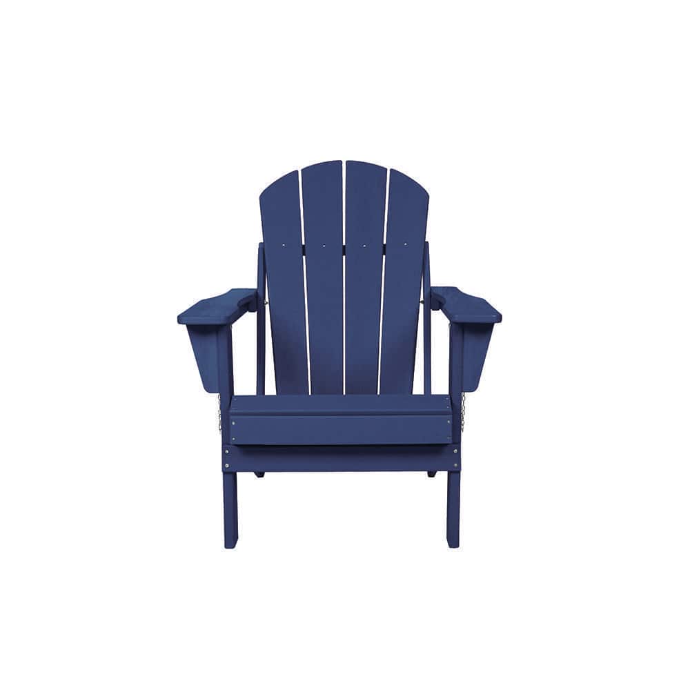Wood Texture Navy Blue Folding Adirondack Chair with Side Table, 3-Piece Ad