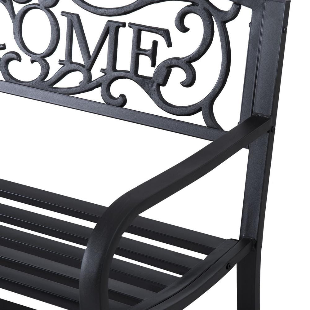 Black 50" Outdoor Metal Welcome Bench with Vine Motifs