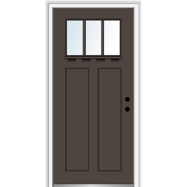 MMI Door 32 in. x 80 in. Left-Hand Inswing 3-Lite Clear 2-Panel Shaker Painted Fiberglass Smooth Prehung Front Door with Shelf