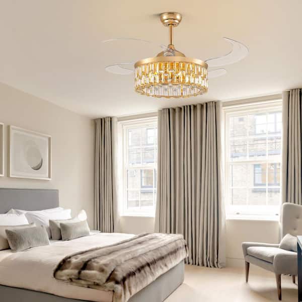 48 in. Indoor Modern Gold Retractable Crystal Ceiling Fan with Light and Remote, Downrod Mount Chandelier Fan