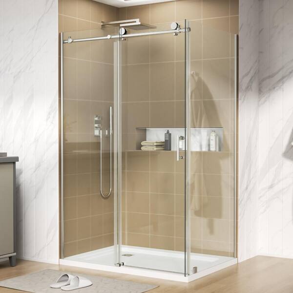 48" W x 35 3/8" D x 76" H Frameless Single Sliding Shower Door/Enclosure in Silver with 5/16" Clear Tempered Glass