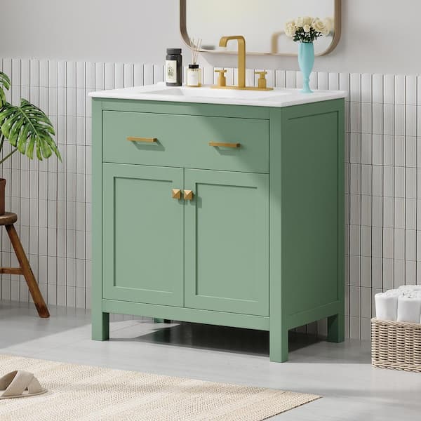Qualler 30 in. W x 18.3 in. D x 33.6 in. H Single Sink Freestanding Bath Vanity in Green with White Ceramic Top