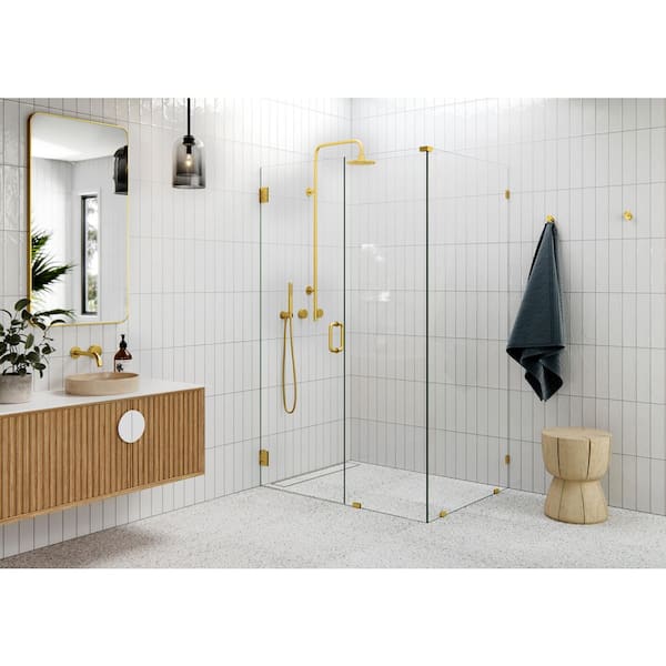 46 in. W x 37 in. D x 78 in. H Pivot Frameless Corner Shower Enclosure in Satin Brass Finish with Clear Glass