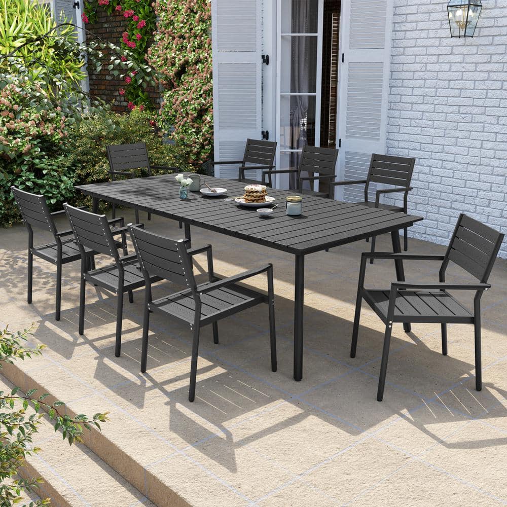 9 of Pieces Aluminum Metal Outdoor Patio Dining Set with Umbrella Hole and Stackable Chairs, Black