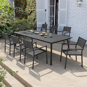 9 of Pieces Aluminum Metal Outdoor Patio Dining Set with Umbrella Hole and Stackable Chairs, Black