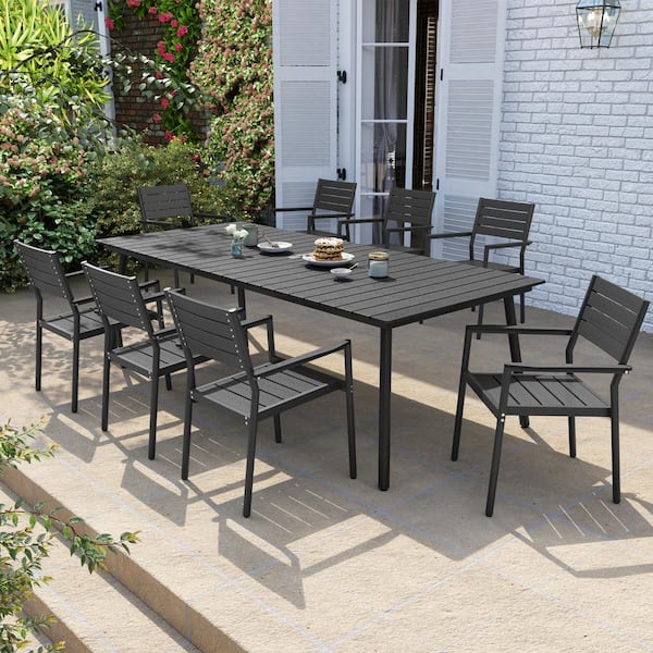 9 of Pieces Aluminum Metal Outdoor Patio Dining Set with Umbrella Hole and Stackable Chairs, Black