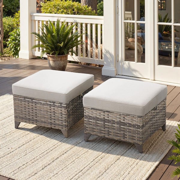 New Kalixx Gray Wicker Outdoor Patio Ottoman with Beige Cushions (Set of 2)