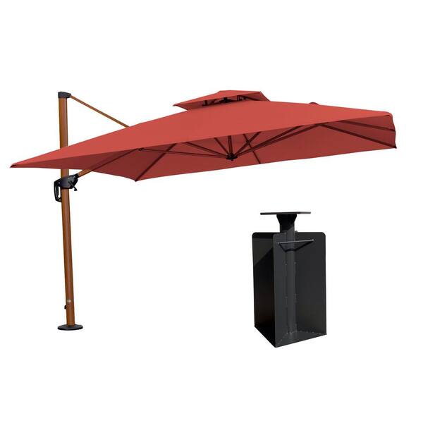 PURPLE LEAF 11 ft. Square High-Quality Wood Pattern Aluminum Cantilever Patio Umbrella with Base in Ground, Brick Red