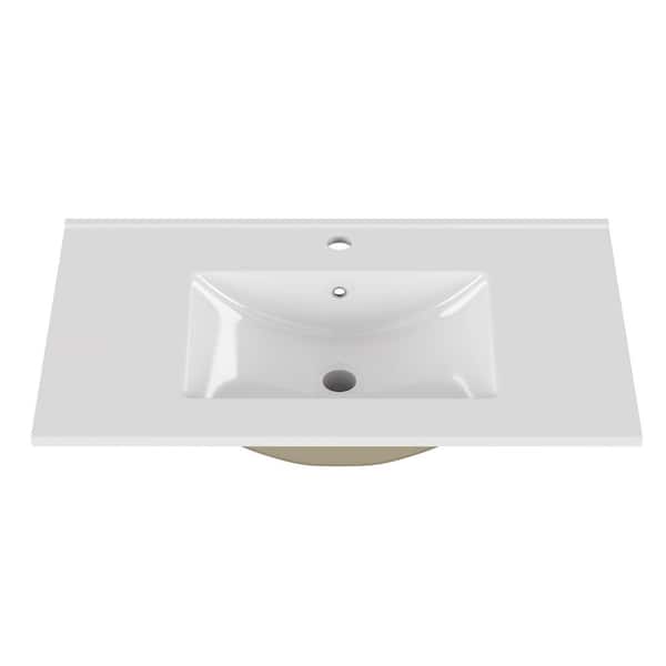 30 in. Undermount White Ceramic Bathroom Sink, Pre-Drilled Faucet Hole
