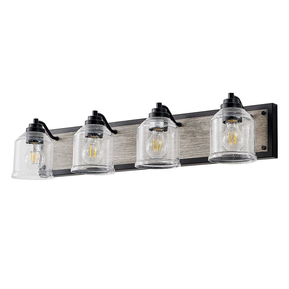 Farmhouse 31.5 in. 4-Light Black and Wood Grain Bathroom Vanity Light with Seeded Glass Shades price history on PriceWatchPro