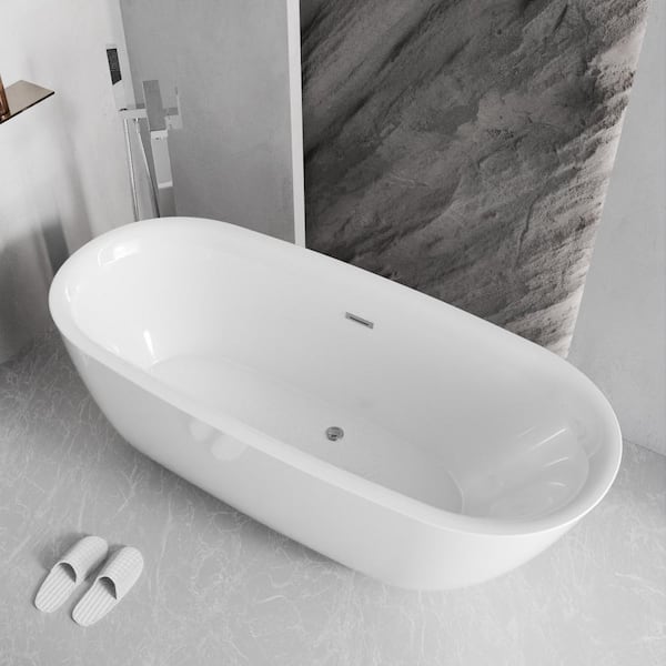 Vite 60 in. L x 30 in. W Flat Bottom Acrylic Oval Freestanding Center Drain Soaking Bathtub in Glossy White