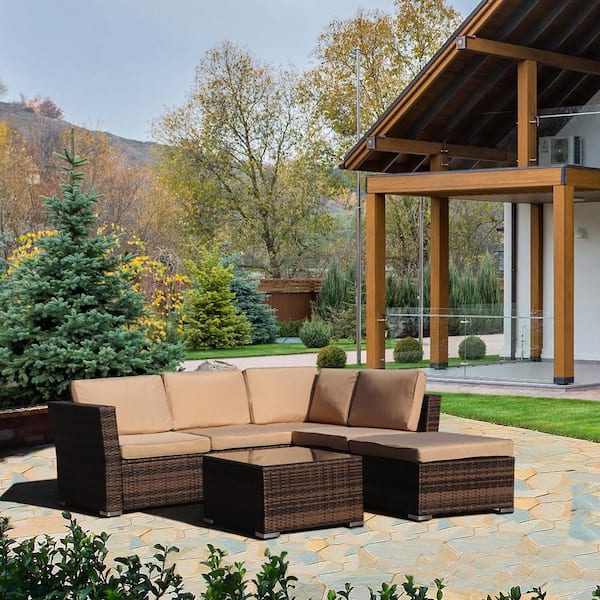 Wateday 4-Piece Wicker Outdoor Patio Conversation Seating Set with Brown Cushions