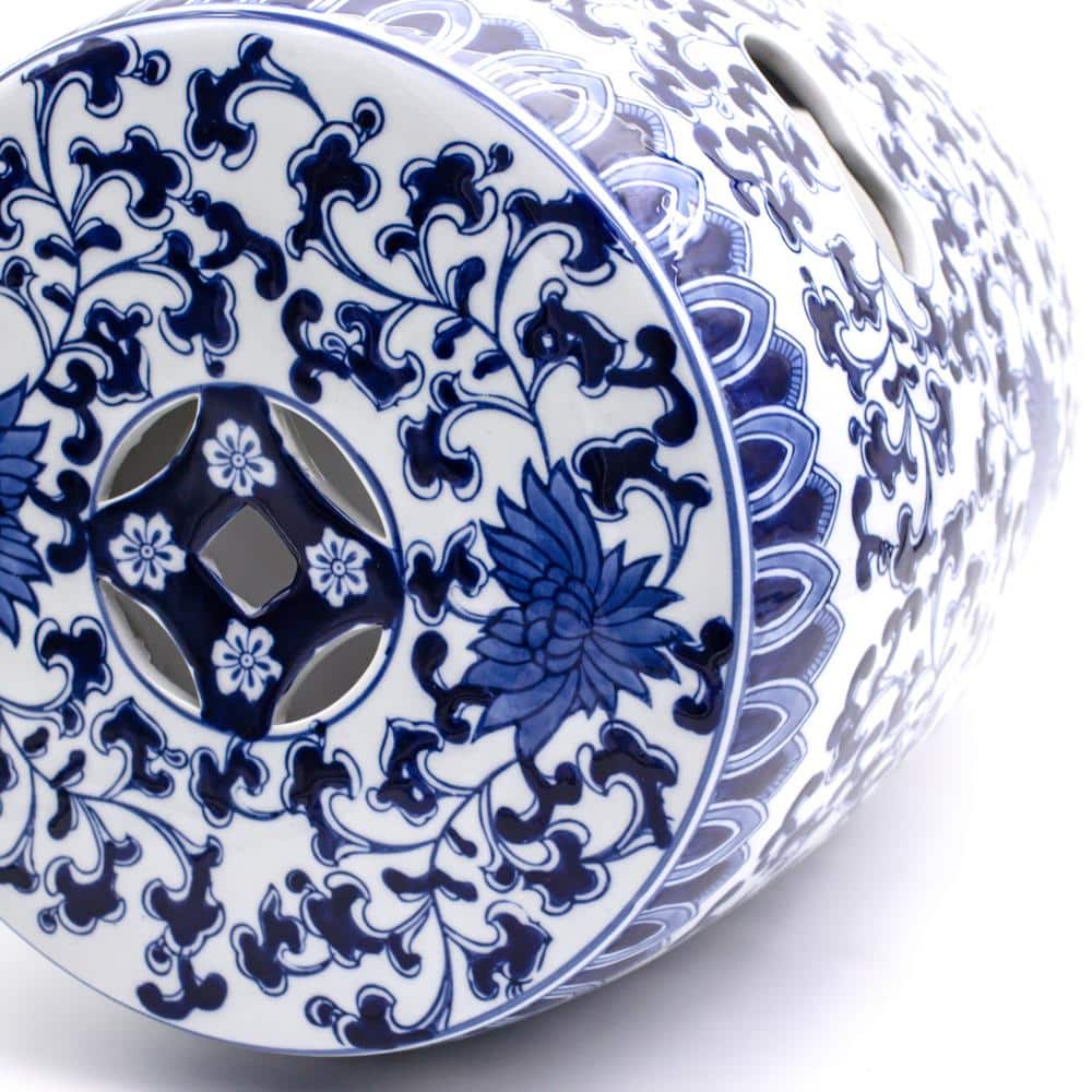 Blue and White Lotus Ceramic 16" Drum Stool