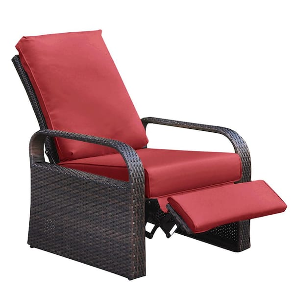 COOLSHARK Automatic Adjustable Aluminum Frame Recliner, All Weather Brown Wicker Outdoor Lounge Chair with Thicken Red Cushion